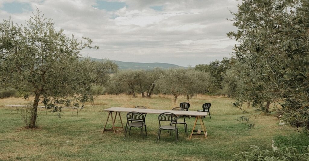 Wooden farmhouse table in Tuscany set with olive oil bottle and fresh bread